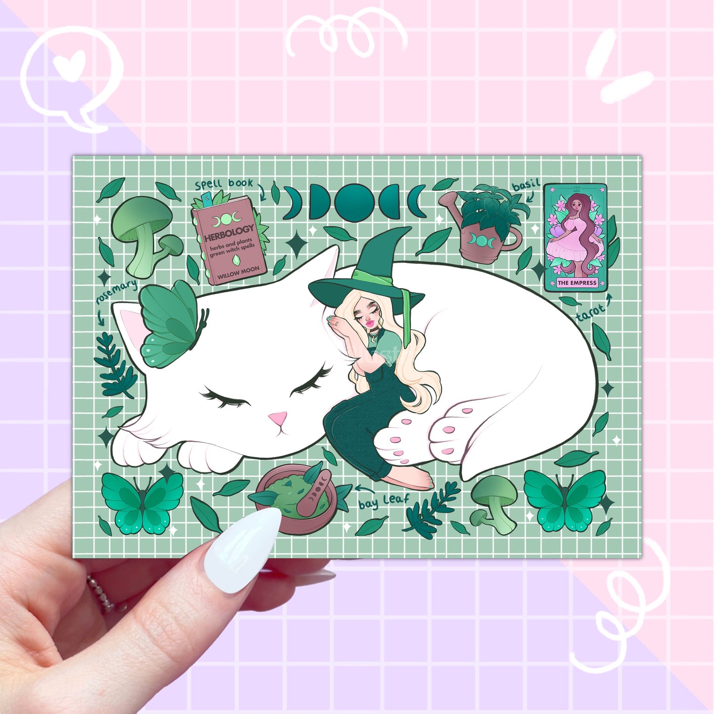 little green witch + cat postcard