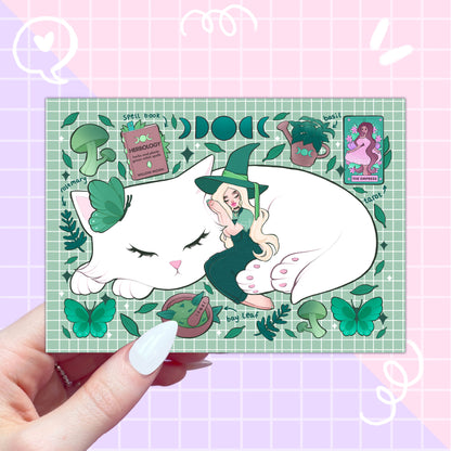 little green witch + cat postcard