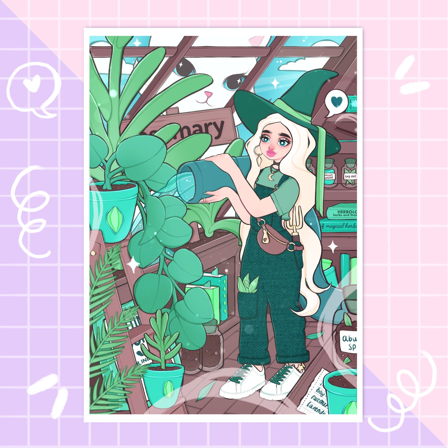 little green witch greenhouse cat wall art print